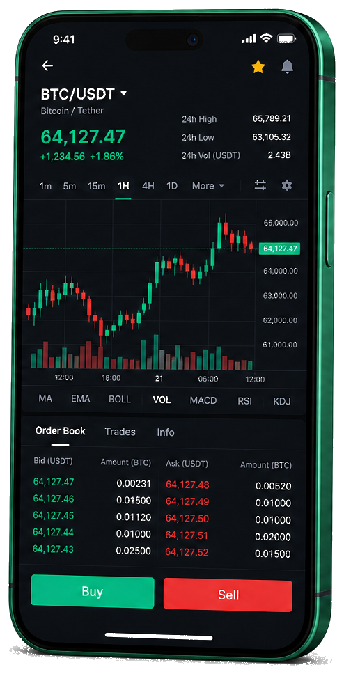 Plataforma de trading Prudente Portexia en móvil — gráficos BTC/USDT en vivo, libro de órdenes e interfaz para comprar y vender